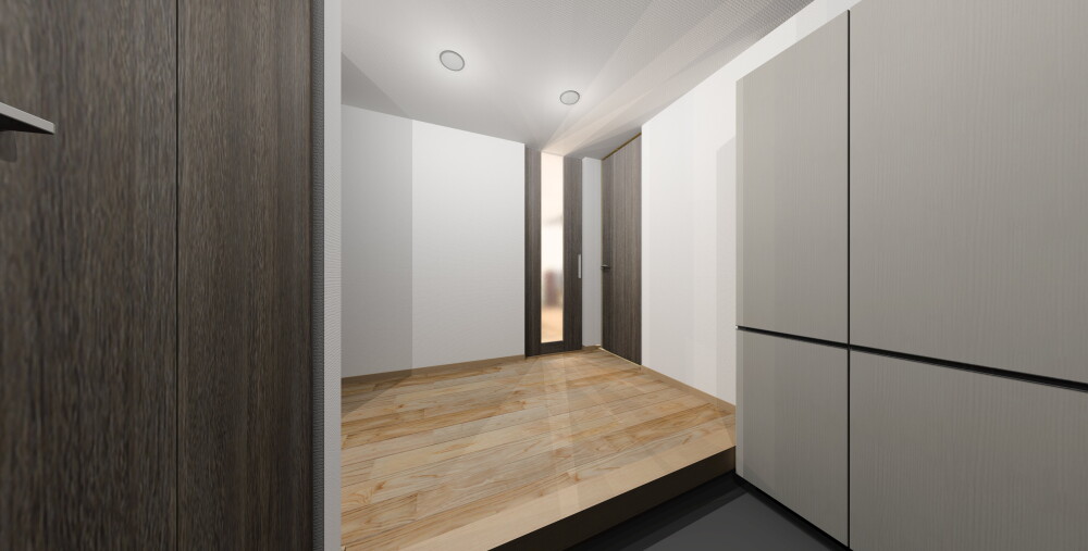 シンプルモダン　土間　カラーモルタルの玄関　間取り図　見取り図　廊下　階段　建築家の設計　住宅設計　間取りの提案　設計事務所