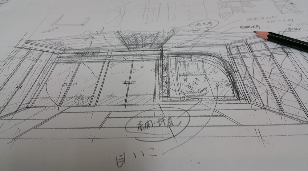 奈良県で建築家が描く和モダン住宅の手描き設計スケッチ。玄関や土間、LDK、アイランド型キッチンを一体的にデザインし、暮らしの動線と光の取り入れ方を検討している設計図面。やまぐち建築設計室による住宅設計の初期プラン構想段階を示す一枚。