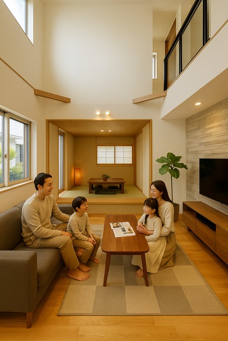 30代子育て世代に選ばれる、和モダン×自然素材の健康住宅。家族が安心して暮らせる明るく開放的なリビング空間