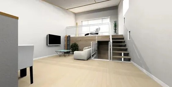 奈良県でスキップフロアを活かした注文住宅のリビング空間。段差と視線の抜けを活用し、比較的狭い土地でも開放感と暮らしやすさを両立するデザイナーズ住宅の実例
