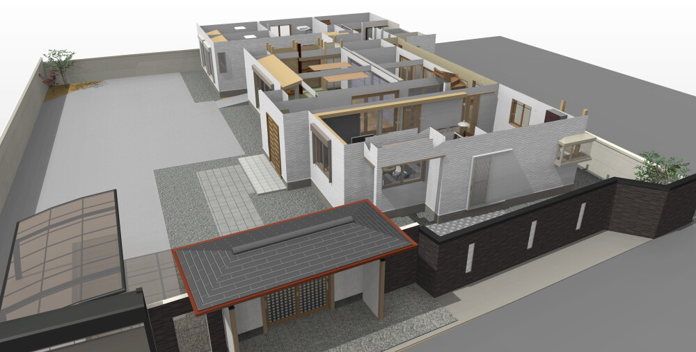 奈良の住宅街に建つ平屋の和モダン住宅を俯瞰で描いた3D完成予想パース。広々としたアプローチと駐車スペース、格子戸のある重厚な門屋、暮らしやすい動線を意識したL字型の間取り配置が特徴。外構と建物が一体となり、家族の暮らしに寄り添う立体的な住空間デザインが表現されている