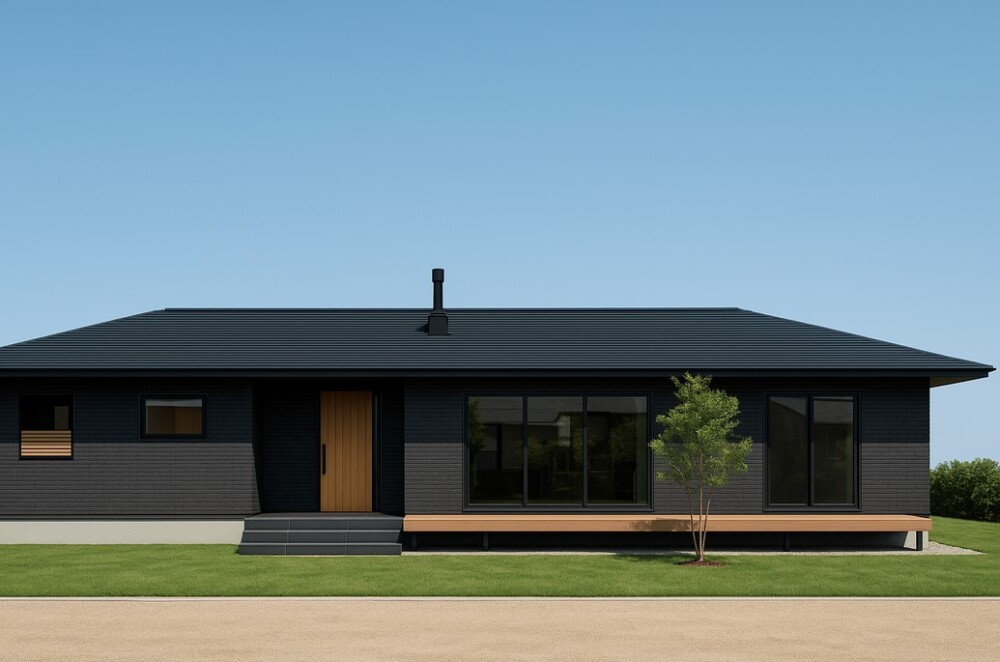 黒の漆喰壁と白タイルを組み合わせたモダンな平屋住宅の外観。ウッドデッキやシンボルツリーを備えたデザインが、ホテルライクな和モダンの暮らしを美しく演出。奈良の自然と調和し、快適なワンフロア生活を叶える高性能住宅の事例。