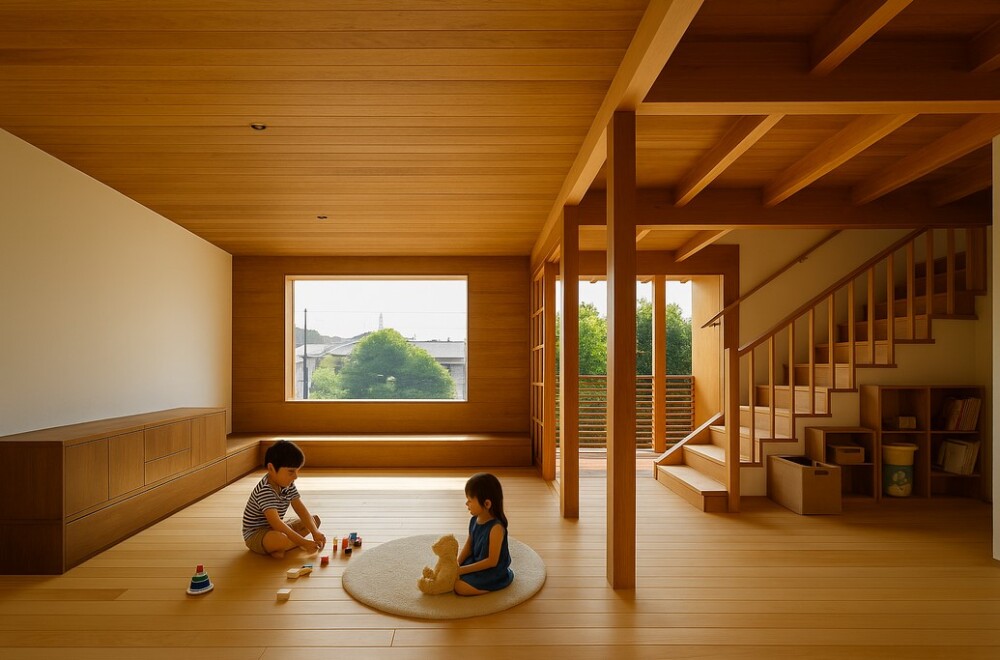 子どもが安心して遊べる広々としたリビング空間と、木のぬくもりが伝わる造作家具。奈良県のやまぐち建築設計室が手がける、子育てしやすく将来まで快適に暮らせる住まいの一例。安全性に配慮した階段設計と見守りやすい間取りが、共働き家庭の暮らしを支えます。
