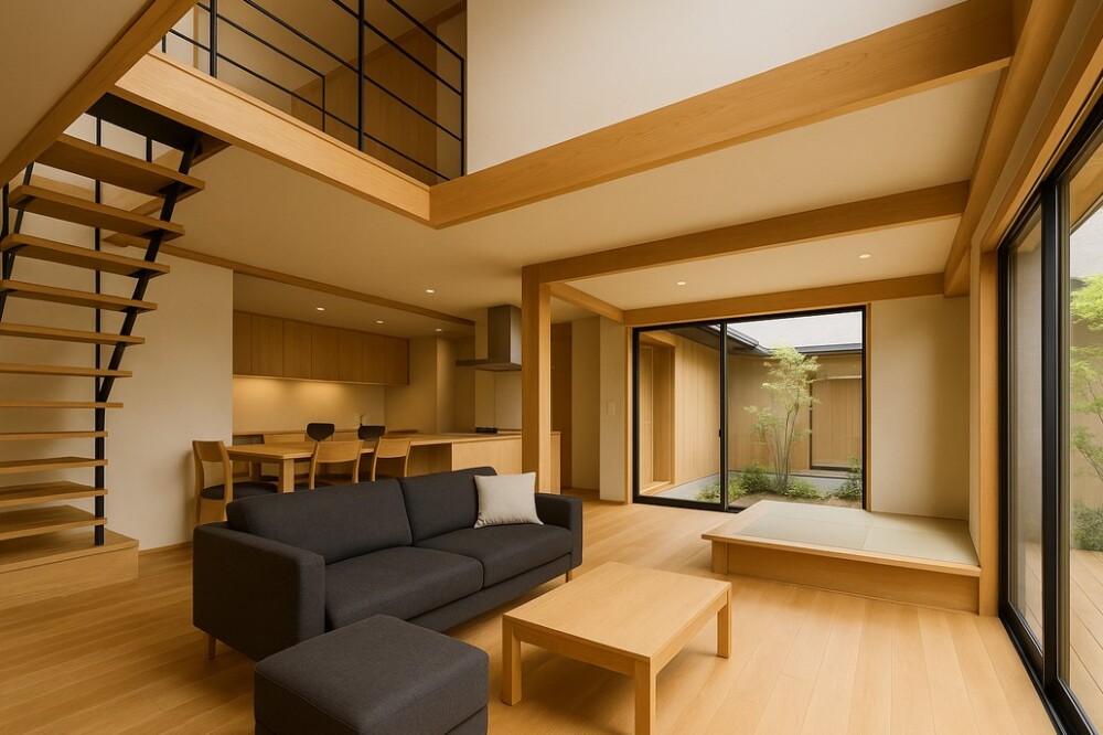 奈良県で建築家とつくる注文住宅の一例。吹き抜けのあるジャパンディスタイルのLDK一体型空間。ナチュラルオークの木質感とスチール階段が調和し、畳コーナーや中庭の景を室内に取り込む設計が、家族の暮らしの豊かさと心地よさを育む。やまぐち建築設計室が提案する“住んでから満足できる家”の住空間デザイン。