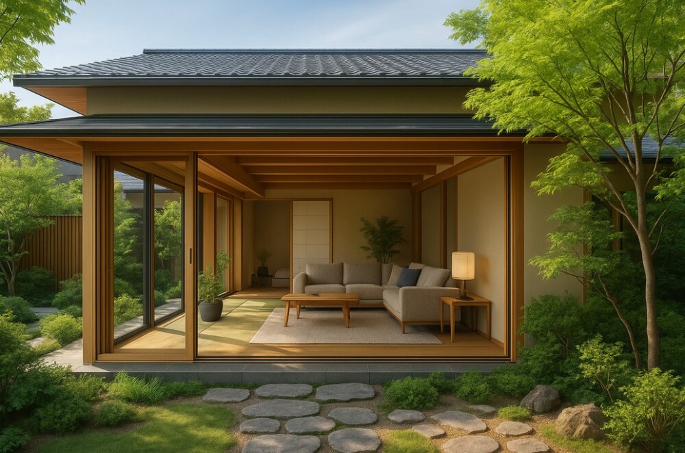 大開口のガラス戸と木の軒がつながる和モダン住宅のリビング空間。リビングと庭が緩やかにつながり、四季折々の自然を暮らしに取り込む設計。畳スペースと無垢材フローリングを組み合わせたモダンな和室スタイルに、障子や自然素材の照明が柔らかな陰影をもたらす。奈良県や関西圏で注文住宅を検討する方に人気の「和モダン住宅」の間取り・外観デザインの好事例。やまぐち建築設計室が提案する上質で機能美あふれる住まいづくりの一例。