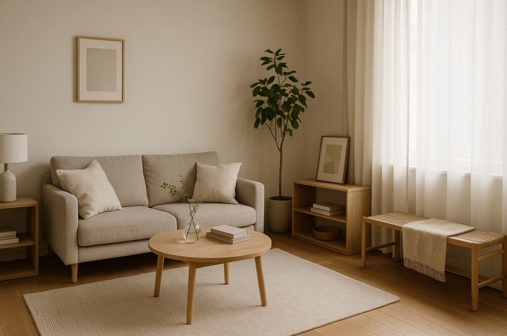 6畳程度の一人暮らしのお部屋に整えられたナチュラルモダンなインテリア空間。木の質感を活かした家具とベージュのソファ、観葉植物を配置した、やまぐち建築設計室の提案する心地よい“プチ模様替え”の実例イメージ。暮らしの質を高める空間づくりの参考に
