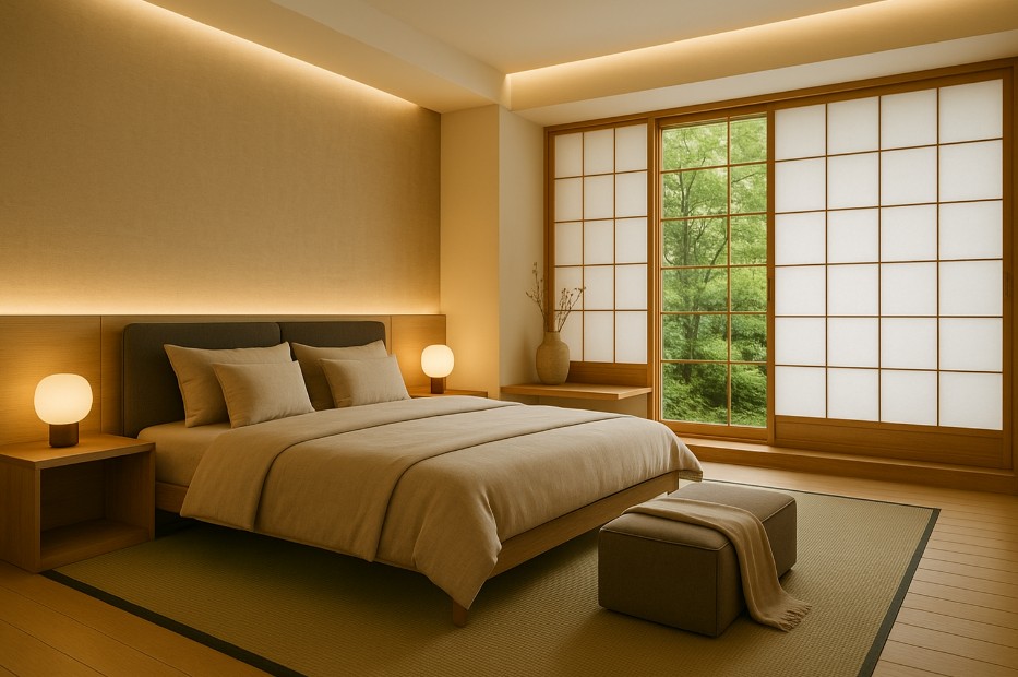 奈良のやまぐち建築設計室による和モダン寝室の設計実例。無垢フローリングと畳を組み合わせ、障子越しに庭の緑を取り込み、自然素材と間接照明が快眠環境を整える。睡眠の質を高める間取りとデザイナーズ住宅の上質な寝室デザイン。