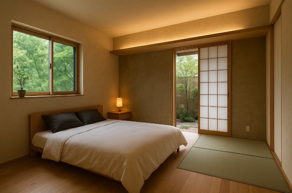 奈良のやまぐち建築設計室による、睡眠の質を高める間取り設計と和モダン寝室インテリアの実例。自然素材の無垢フローリングと畳スペース、障子越しの庭の緑が生む安心感。間接照明と東向き窓が心地よい朝日を取り込み、暮らしやすさと快適さを両立したデザイナーズ住宅。