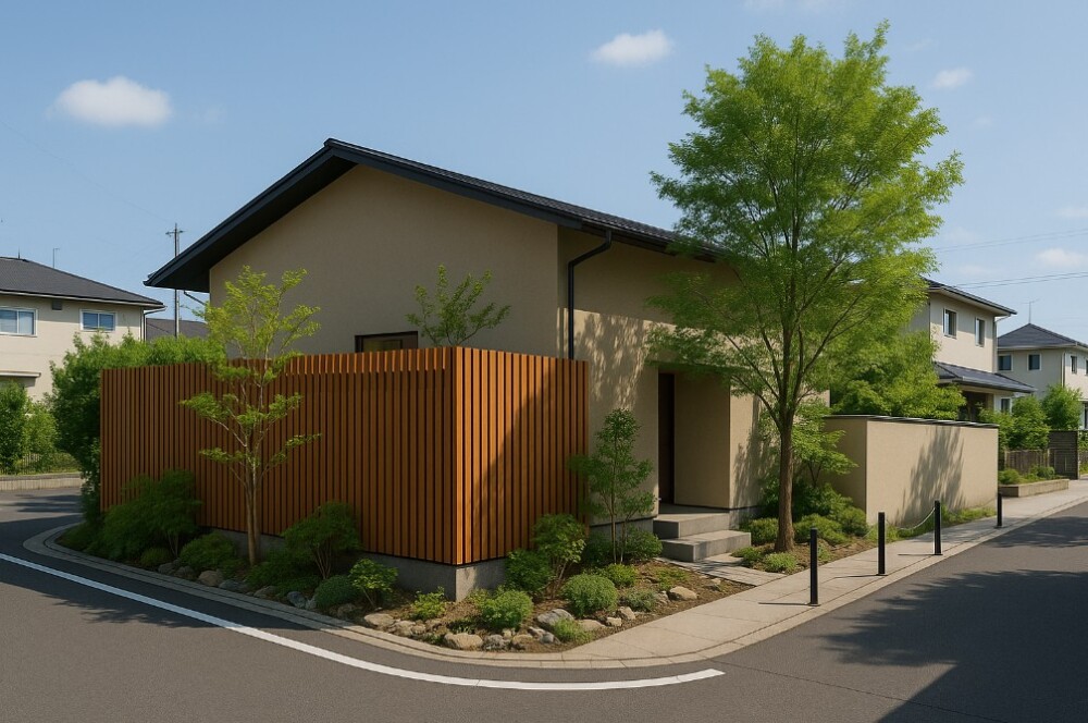 奈良の角地に建つ和モダン住宅。ベージュの外壁と黒い屋根を持つ平屋風の家は、木製縦格子フェンスと豊かな植栽で外からの視線を遮り、角地ならではの開放感とプライバシーを両立。中庭のある暮らしを守りながら、資産価値を高める角地設計の実例。