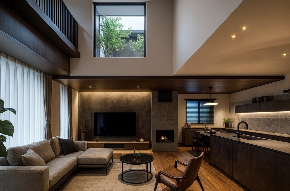 吹き抜けのあるリビングとキッチンが一体になったホテルライクな和モダン空間。 ウォールナットの床と石貼りのアクセントウォールが落ち着いた印象を与え、 間接照明が美しい陰影をつくり出す。大開口の窓からやわらかな自然光が入り、 木の温もりとモダンな素材感が調和する奈良の注文住宅。 動線を意識したレイアウトで、家事・生活・来客の流れがスムーズに繋がる上質な暮らしを叶える設計。 やまぐち建築設計室による、暮らしの心地よさとデザイン性が両立した空間デザイン。