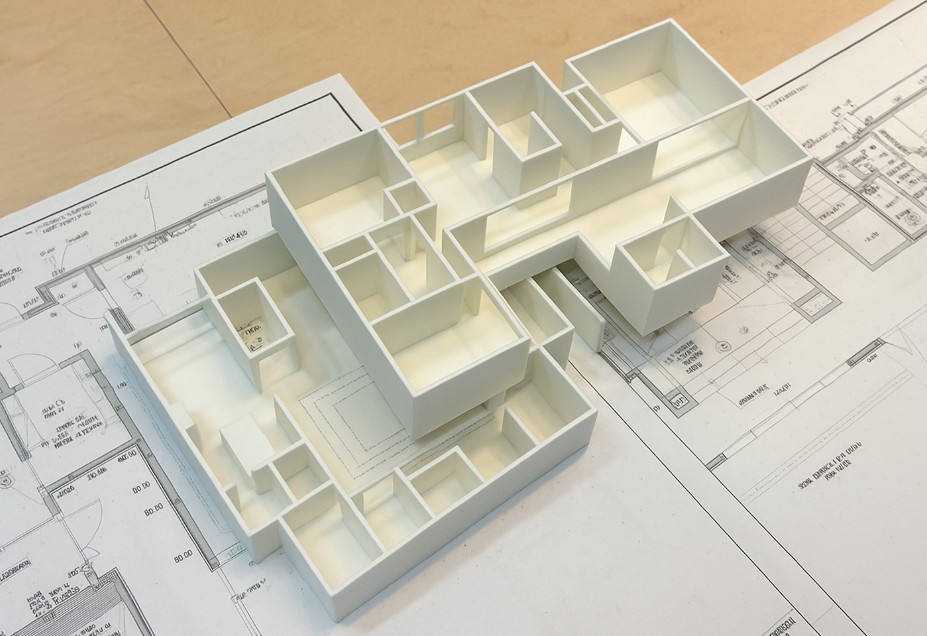 白い建築模型が設計図面の上に置かれた様子。奈良県のやまぐち建築設計室が手掛ける「片付く家の間取り設計」をテーマに、動線と収納を最適化した住まいを表現している。直線的な動線と浅い収納の工夫が感じられる和モダン住宅の模型写真。