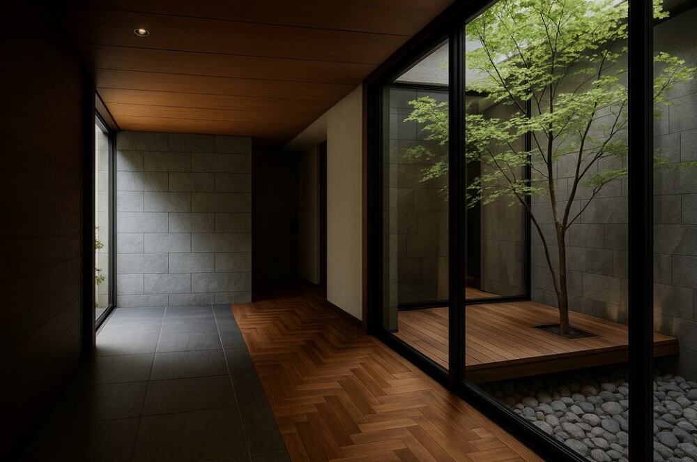 「奈良の風土に調和した和モダン住宅のエントランス。無垢の木と石の素材感が響き合い、坪庭の青モミジが映える中庭がガラス越しに広がる。ホテルライクな上質感と静けさを感じる空間デザイン。