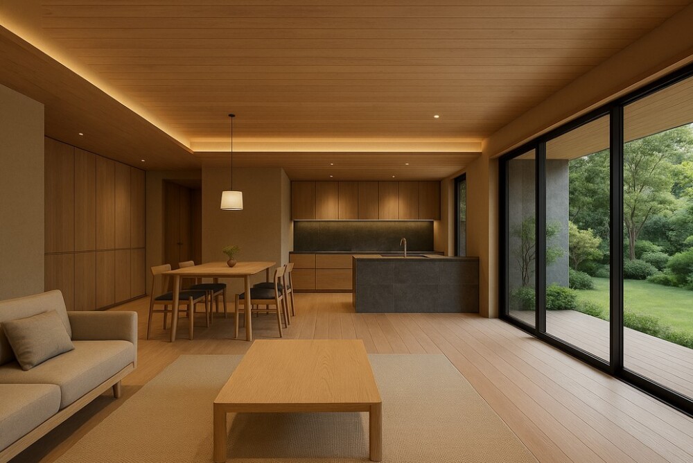 大開口の窓から庭の緑を取り込む和モダンなLDK空間。木質天井と間接照明が柔らかく包み込み、造作収納とグレーのキッチンが調和する、ホテルライクも視野に入れた上質な注文住宅デザイン。