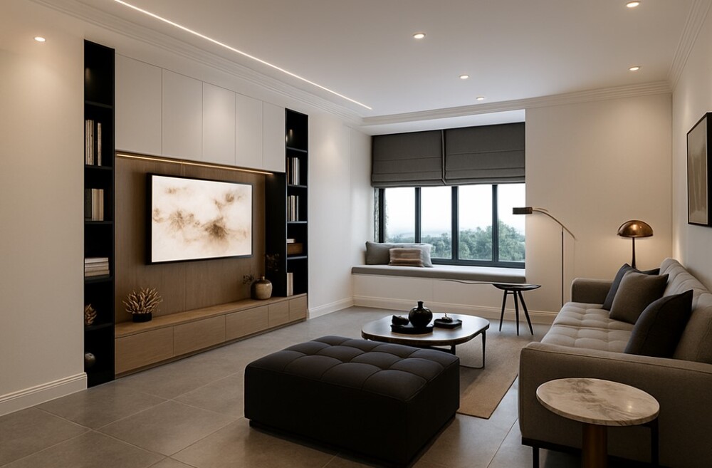 大きな窓辺にヌックを備えた和モダンのリビング空間。落ち着いたグレーを基調としたソファ、造作テレビボード、壁面収納、間接照明が織りなす上質なインテリア。自然光の入る窓際ベンチが“暮らしやすさ”と“癒し”を兼ね備えた間取りをつくる、やまぐち建築設計室の注文住宅デザイン。奈良で和モダン・ジャパンディ住宅を検討する住まい手に向けた参考事例。