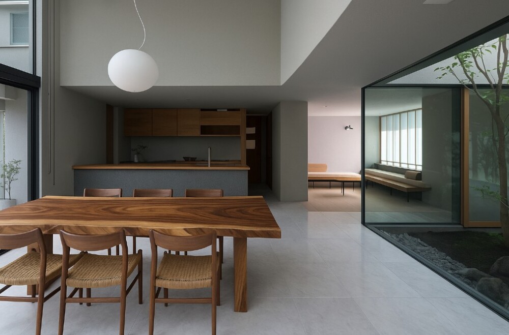 和モダン×ジャパンディの家。奈良の建築家が設計したホテルライクなLDK空間。モンキーポット一枚板のダイニングテーブルとグレー系大判タイル床が上質に調和し、キッチン・中庭・リビングがシームレスにつながる開放的な間取り。大開口窓から自然光が差し込み、落ち着いた木質インテリアと中庭の緑が暮らしに奥行きを生む。