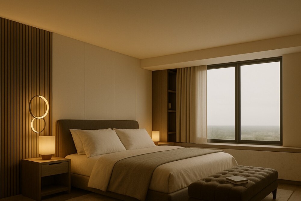 自然光がやわらかく差し込む落ち着いた寝室。ベージュとブラウンを基調にしたホテルライクな和モダンデザインで、間接照明と木質素材が安らぎを演出する。大開口窓と柔らかなカーテンが心地よい朝をつくり、生活動線と収納が整った注文住宅の寝室コーディネート事例。