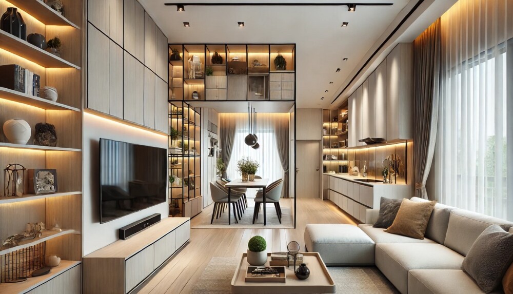 天井まで伸びる造作収納と間接照明が美しく調和したLDK空間。リビング・ダイニング・キッチンが連続し、木質の素材感とミニマルなデザインが上質なホテルライクの雰囲気をつくる。奈良で注文住宅を手がけるやまぐち建築設計室による、造作家具と空間デザインで暮らしを整えた和モダン×ジャパンディの住まい。