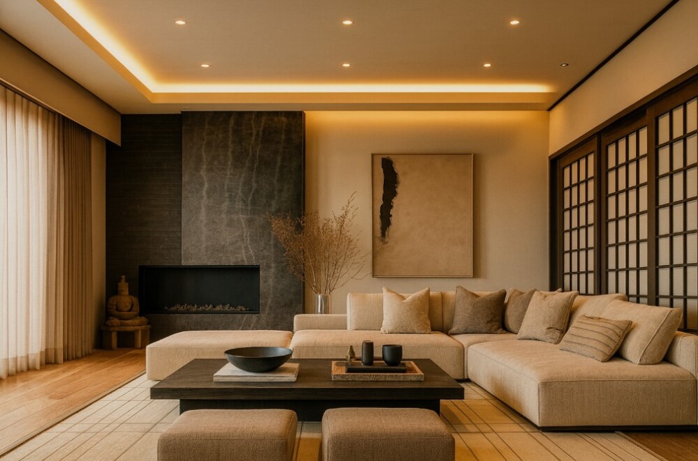 和モダンとホテルライクを融合させた上質なリビング空間。間接照明が天井を柔らかく照らし、落ち着いたベージュとグレーのソファ、低く構えたセンターテーブル、木格子の建具、自然素材のドライフラワーが静けさと気品を演出する。やまぐち建築設計室による、動線と心地を丁寧に整えた高級感ある住まいの設計事例。