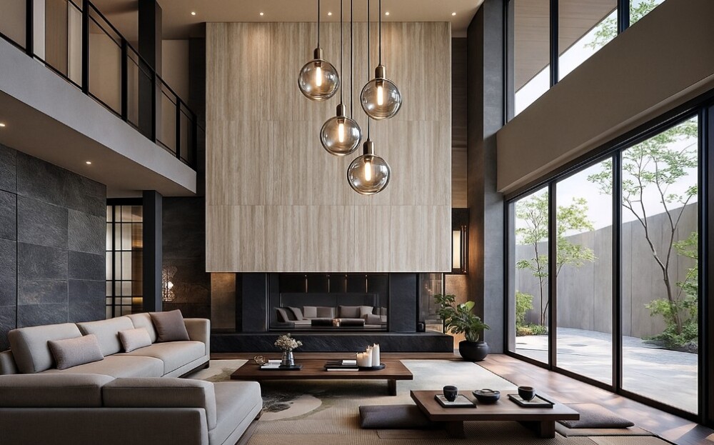 「和をモダンに趣を楽しむ」吹き抜けリビングと中庭がつながる上質な住宅の設計事例。大開口の窓から柔らかい自然光が差し込み、グレーと木質を基調としたホテルライクな和モダン空間が広がる。高さのある壁面、ガラスペンダントライト、無垢材のローテーブルが調和し、外の中庭の緑が室内に心地よい静けさを届ける高級注文住宅。