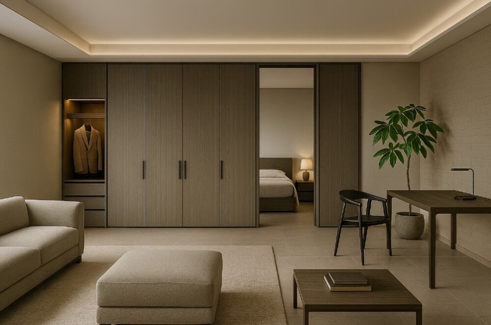 グレージュを基調としたLDKに、モルテーニのGliss Masterを中心に据えた上質な収納空間をデザインした和モダンのホテルライクなインテリア。コーブ照明が天井を柔らかく照らし、パキラの観葉植物が空間に自然の潤いを添える。リビングから寝室までが美しくつながるハイエンドな暮らしを象徴する設計事例。