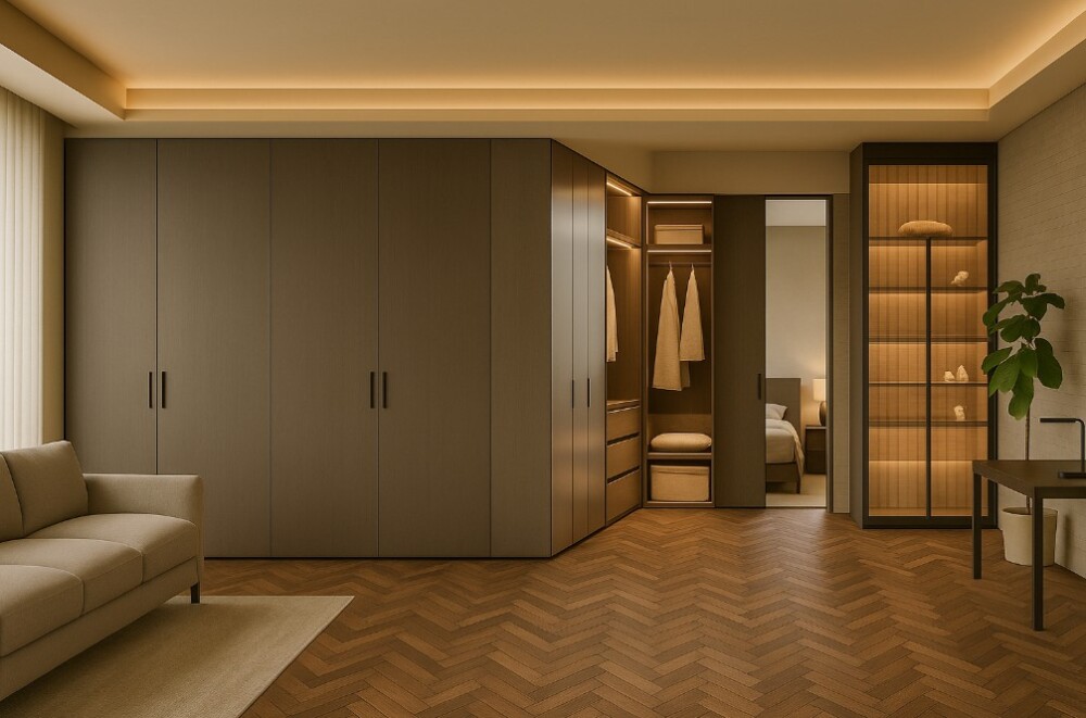 ヘリンボーン貼りのフローリングとグレージュの落ち着いた色調で統一された和モダンのLDK空間。Molteni&C Gliss Masterを中心に、壁面収納とウォークスルー動線を美しく融合したホテルライクな上質インテリア。コーブ照明とガラスキャビネットの柔らかな光が、暮らしの質を高める高級住宅の設計事例。