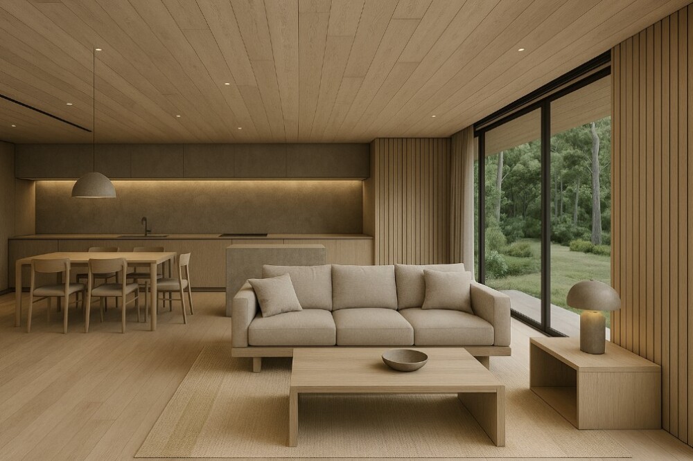 「自然素材と淡い木目が心地よい和モダンのLDK空間。天井・床・壁の木質仕上げが連続し、開放的な大開口窓から庭の緑を取り込む上質なリビングダイニング。柔らかな間接照明とミニマルなインテリアが、静けさと温もりのあるホテルライクな住まいを演出している。