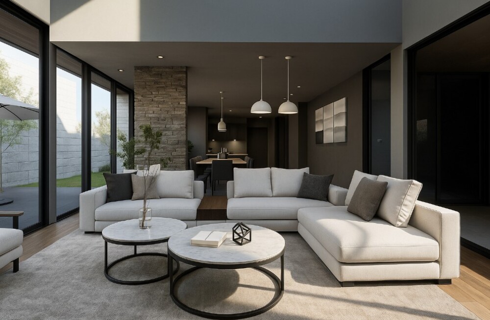 吹き抜けから柔らかな光が注ぐリビング空間。大開口の窓が中庭とつながり、ホテルライクな和モダンの静けさを感じるインテリア。上質なソファと円形テーブルが穏やかな動線をつくり、素材の質感と陰影が際立つジャパンディ設計。暮らしと間取りが融合する、やまぐち建築設計室の住まい提案。