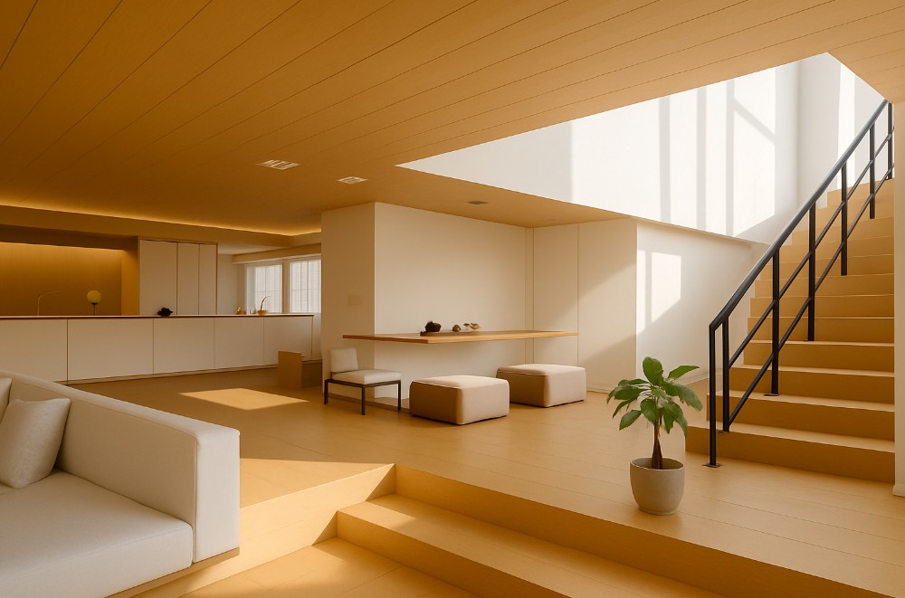 吹き抜けから柔らかな光が差し込むホテルライクなLDK空間。無垢フローリングと木天井の美しい連続性、階段のアイアン手摺、ミニマルな家具配置、パキラの観葉植物が上質な和モダンを演出する。家族が自然とつながる住まいを象徴する設計事例。