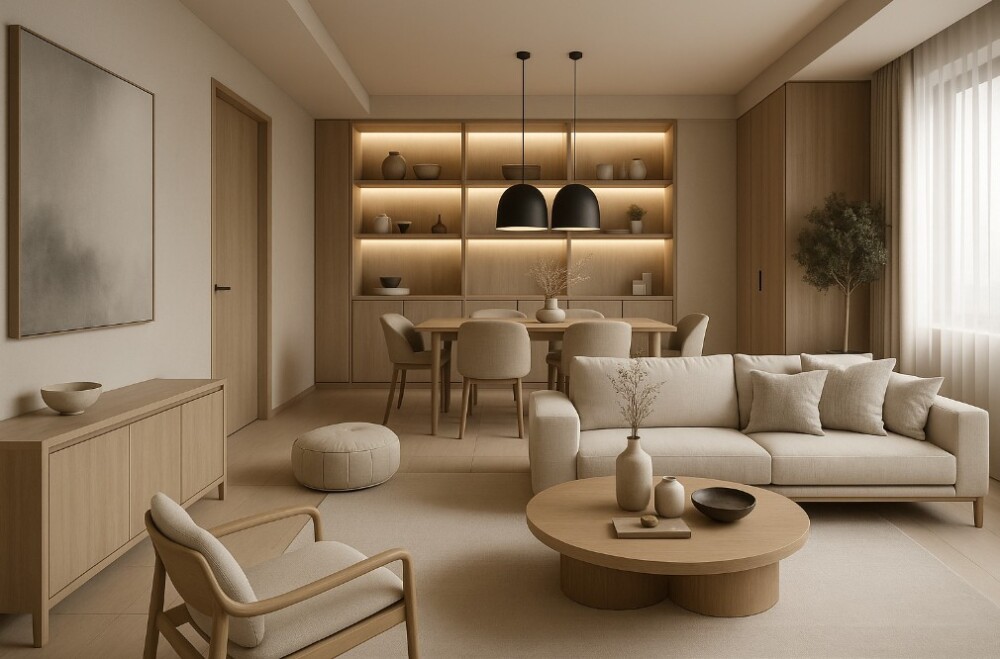 木目とグレージュを基調にしたホテルライクなシンプルモダンLDK。造作収納と間接照明が暮らしの動線と片付けやすさを高め、整った住まいを実現するやまぐち建築設計室の上質な住宅デザイン。