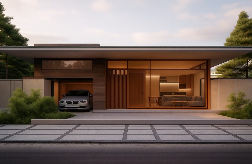 和モダンのデザインを取り入れた平屋のガレージハウス外観。 深い軒と水平ラインが美しいモダン建築で、ビルトインガレージにはBMW3シリーズが駐車されている。 玄関横の大開口ガラス窓からはLDKが見え、上質な木質インテリアが温かく光る。 車と暮らしがつながる設計で、趣味室やガレージを活かした家づくりを検討する人向けの参考事例となる高級住宅外観写真。