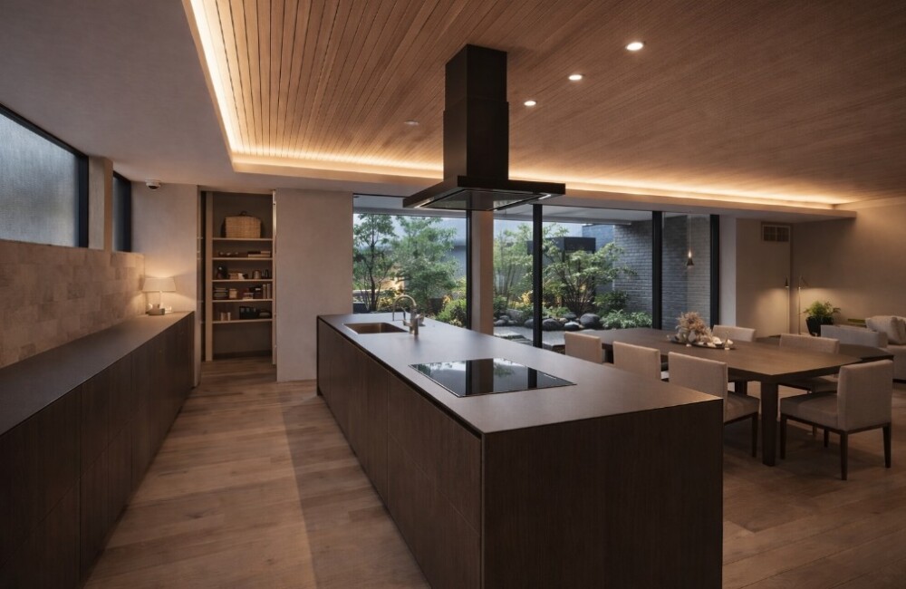 建築家が設計した高級和モダンのホテルライクなLDK空間。木目天井と間接照明が美しく、黒の換気扇を備えたアイランドキッチンと、四角いダイニングテーブルが中庭とつながる上質な住まい。家事動線と収納計画を整えた富裕層向け高級住宅の実例。