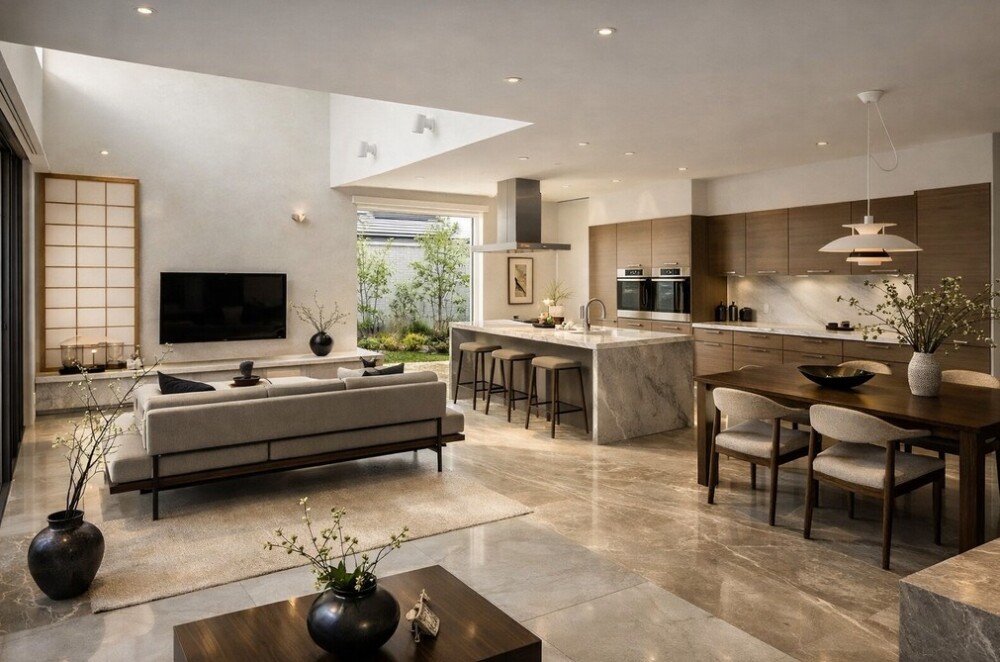 回遊動線を取り入れたホテルライクな高級住宅のLDK。中庭へと視線が抜けるリビングと、アイランドキッチン・ダイニングが緩やかにつながる開放的な空間設計。上質な素材と落ち着いた色調が、家事効率と心地よさを両立した暮らしを表現している。