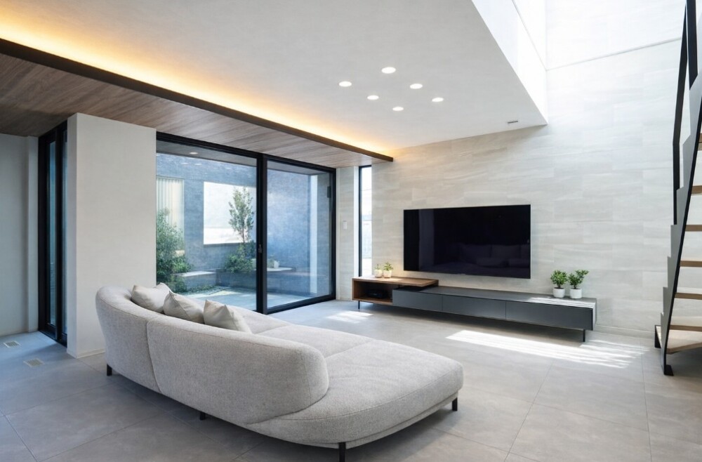 中庭に面した大開口と間接照明が心地よい、グレートーンで整えた和モダン×ホテルライクのリビング。プルとローナ・フラウを想起させる曲線ソファとタイル床、テレビ背面の石調壁が“小さなストレスが積もらない暮らし”を支える。