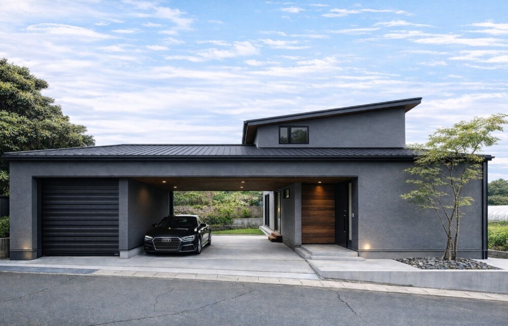 奈良県で建築家が設計したビルトインガレージのある和モダン住宅の外観。グレーの塗り壁とガルバリウム鋼板屋根、木目天井を組み合わせたホテルライクな住まい。車動線と暮らしやすさを両立した注文住宅事例。