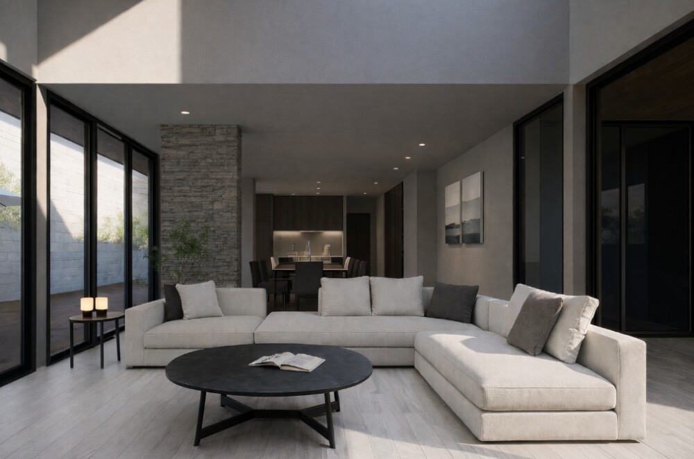 ホワイト系のフローリングを採用した明るく開放的なリビング空間。白を基調としたL字ソファとシンプルな家具配置により、自然光が映える清潔感のある室内。中庭に面した大きな窓と一体感のある間取りが、広がりを感じさせる住まいの事例。