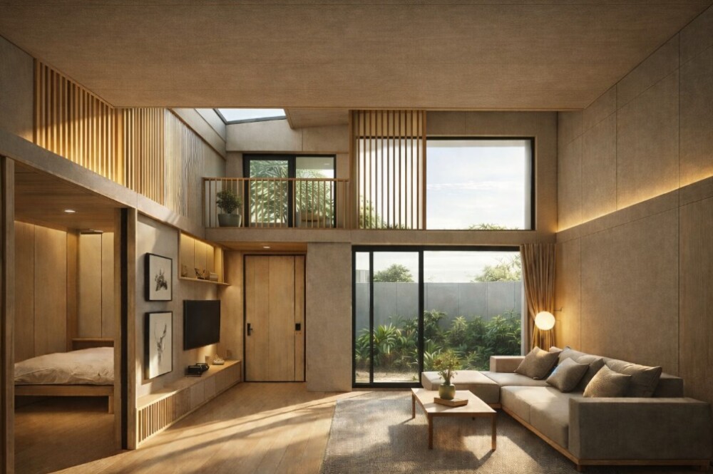 吹き抜けのあるリビングに柔らかな自然光が注ぐ、和モダン設計の住宅空間。水平に抑えられた天井と落ち着きのある木の質感が調和し、ホテルライクな居心地と心地よい採光デザインを実現した一例。家づくりにおいて&ldquo;光の入り方&rdquo;を意識した設計の大切さを伝える空間です。