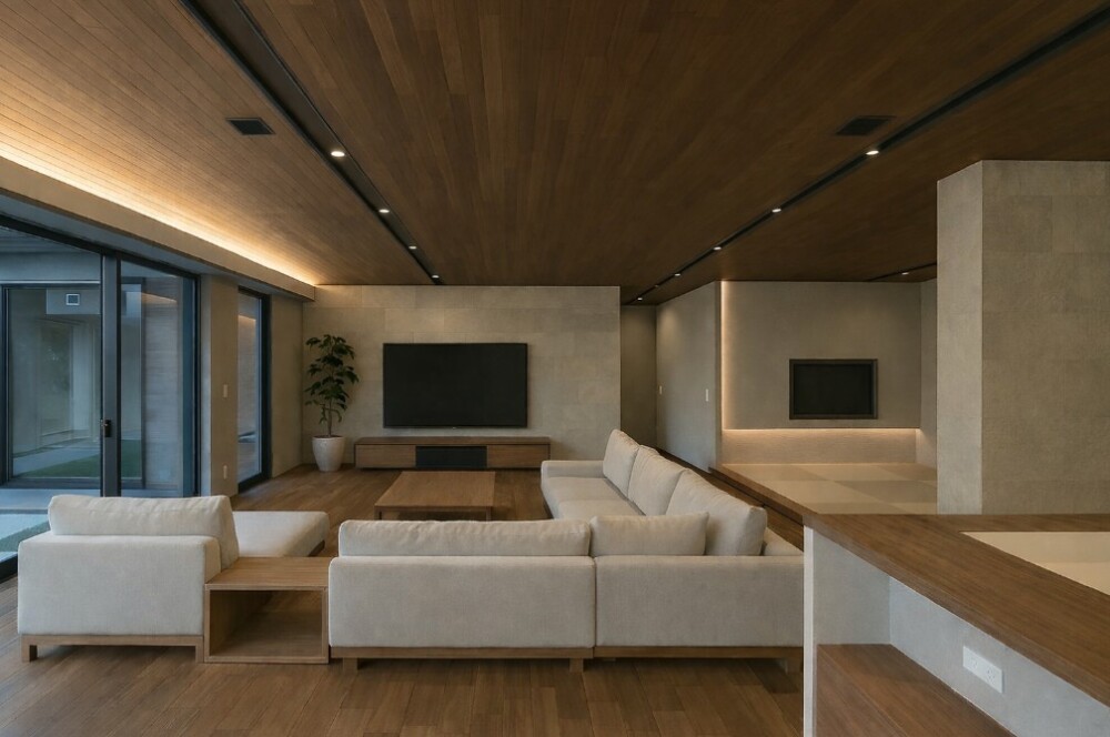 和モダン住宅のLDK空間。木質天井と間接照明が陰影を生み、造作ソファと畳スペース、中庭へつながる開口部が日常と非日常のあいだを穏やかにつなぐ、落ち着きのある住まいの設計。