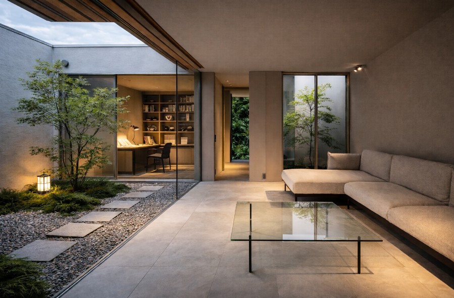 中庭とガラスでつながる和モダン住宅のリビング空間。 木目の軒裏が内外を緩やかにつなぎ、自然光と緑を取り込みながら、 書斎・リビング・通路が一体となって 暮らす人の気持ちまで整える設計が施された住まい。