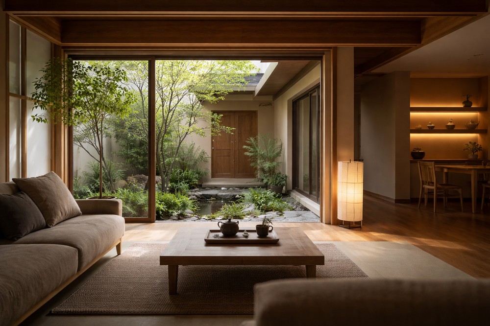 中庭に面した大開口を持つ和モダン住宅のリビング。 光と陰影、余白を大切にした設計により、住まい手の受け取り方や心の状態に寄り添う静かな暮らしの環境を表している。