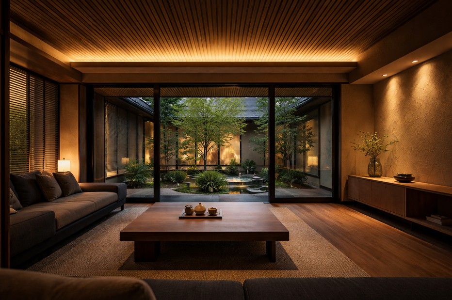 中庭と大開口でつながる和モダン住宅のLDK空間。木天井と間接照明が反響音を抑え、外の喧騒を遮りながら静けさと上質さを感じられる、奈良で設計された落ち着きのある住まい。