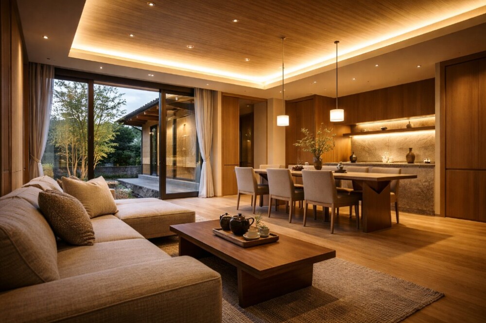 和モダン&times;ホテルライクなLDK内観。 木質天井と間接照明が生むやわらかな光に包まれ、 外とつながる開口と低い家具配置によって、 暮らしの動きと心地よさを設計で整えた建築家設計の住まい空間。