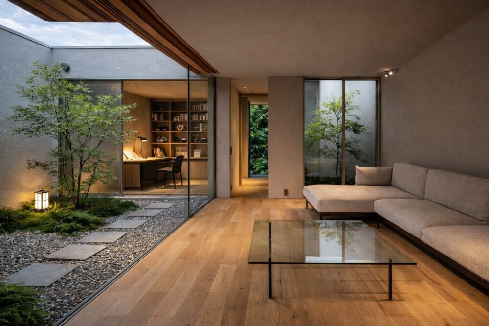 中庭と室内が緩やかにつながる和モダン住宅のリビング空間。無垢材の床とガラス越しの植栽、陰影のある照明計画によって、帰宅時に心が整い、静かに自分に立ち返れる住まいの設計事例。暮らしの在り方を大切にする建築家による住宅デザイン。