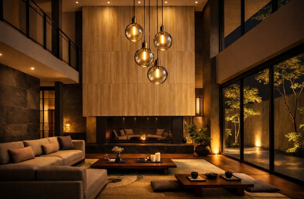 夜の時間帯にやわらかな照明で満たされた、吹き抜けのある和モダン・ホテルライクなリビング空間。FIX窓越しにライトアップされた中庭の植栽が静かに映り込み、視線と音を丁寧に整えた設計によって、プライバシーと開放感を両立した上質な住宅の内観。