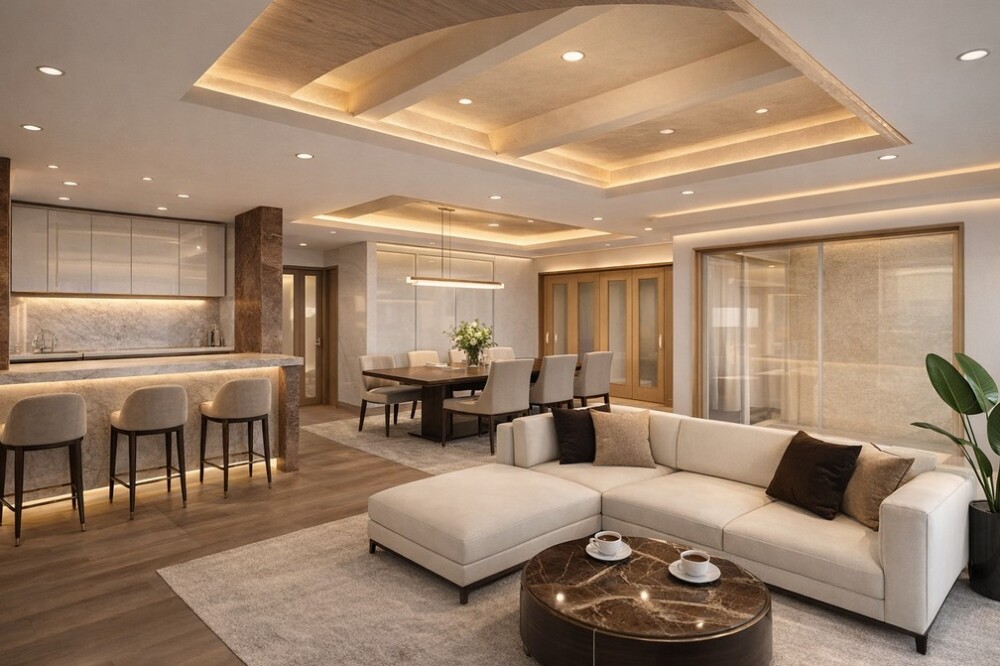 間接照明と折上げ天井が静かな秩序を生むホテルライクなLDK空間。6人掛けダイニングと一体化したリビングは、日常の所作が自然と整い、家族の会話に穏やかな余白をもたらす住まいの設計事例。