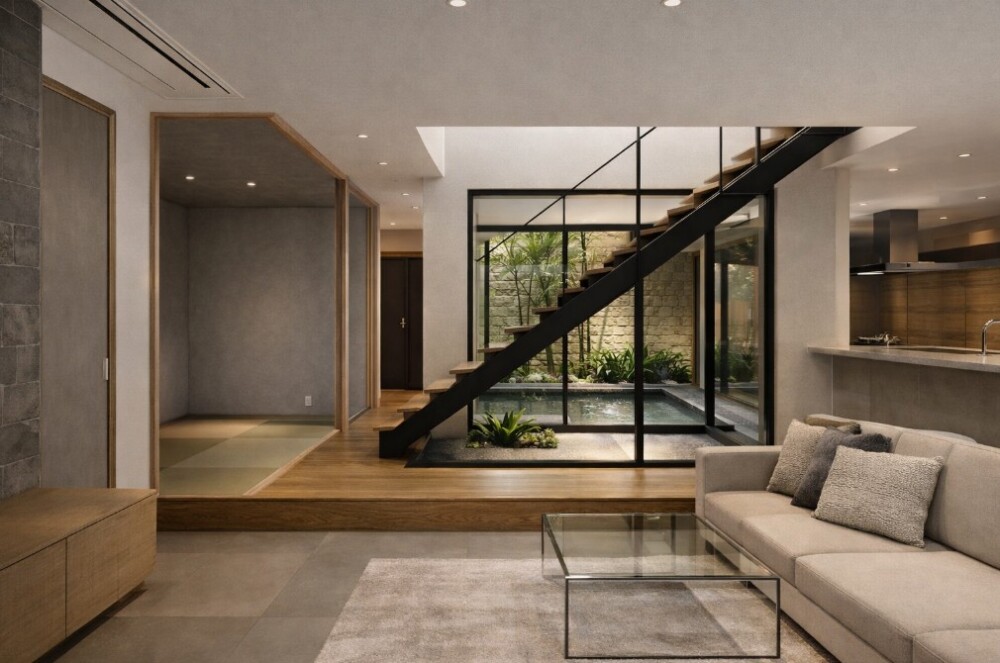 中庭の水盤と植栽をガラス越しに取り込み、黒い鉄骨階段がリビングを横断する和モダンのLDK。段差でつながる小上がり和室と、グレージュのソファ・ガラスのローテーブルが静かな陰影をつくり、家族の気配が自然に交わる“関係性を設計した”住宅空間。