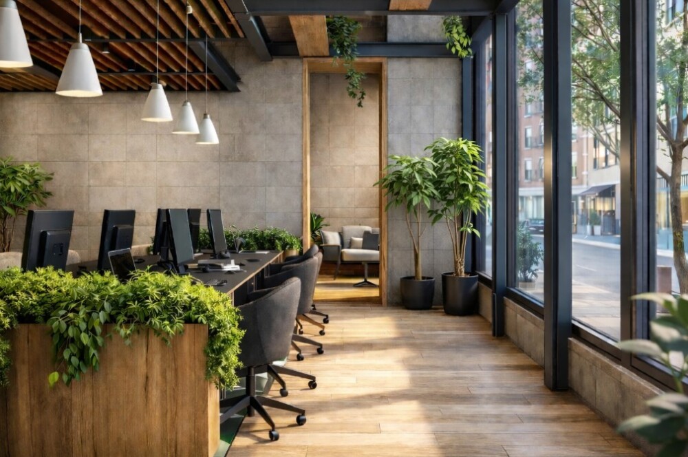 建築家が設計したモダンなオフィス空間。木ルーバー天井と自然光が心地よい執務エリアに、LIXILタイル壁とパキラの植栽を組み合わせ、集中力と快適性を高めたワークプレイスデザイン。