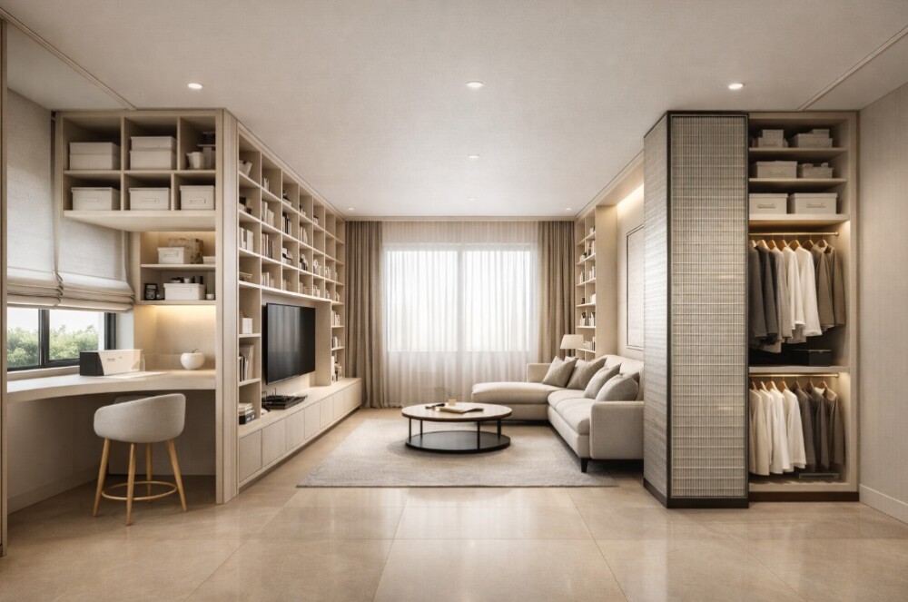 ホテルライクな静けさを備えた高級住宅のLDK空間。天井高を抑えた落ち着きのある設計と、造作収納・ワークスペース・ウォークインクローゼットを一体化し、暮らしの基準が通った整然とした住空間。