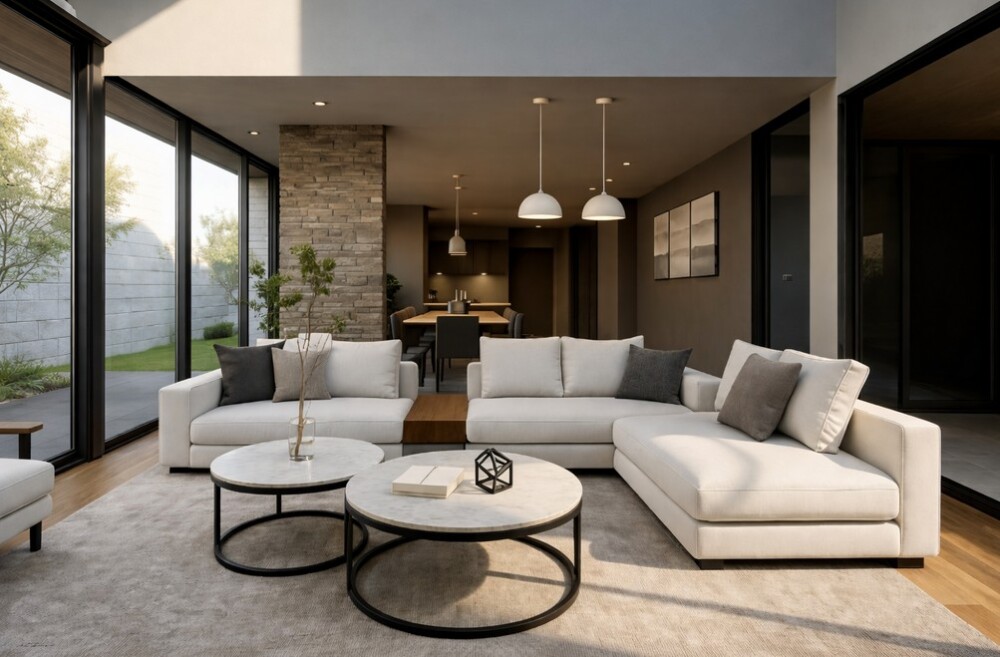 自然光が差し込む和モダンのリビング空間。大開口の窓を介して中庭と緩やかにつながり、ソファと円形テーブルの配置が穏やかな動線を生む。間取りとインテリアが調和し、思考と感情が静かに整う住まいの設計。