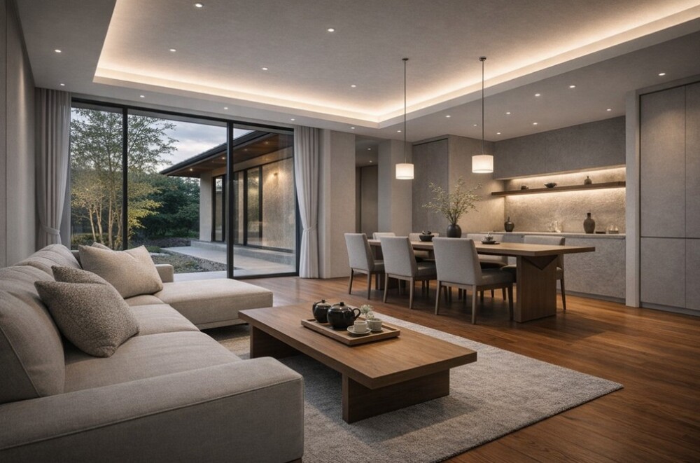 ホテルライクなシンプルモダン住宅のLDK内観。薄いグレーを基調とした上質な空間に、ブラックチェリーのフローリング、間接照明、細いサッシの大開口が調和し、暮らしの質と人生の重心を静かに整える建築家設計の住まい。