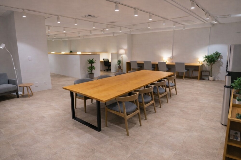 自然素材のテーブルとグレーの椅子を配置した静かな自習室空間。天井はスポットライト照明で統一し、床はフロアタイル（シュートロームIS2056）で仕上げた、学生や社会人が集中して学習できる落ち着いた環境設計の事例。